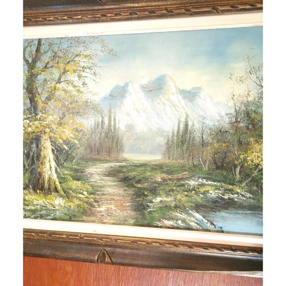 XXL 70s Impasto Oil Painting Mountain Landscape 47.5" Wide Etched Wood Frame - Picture 4 of 10
